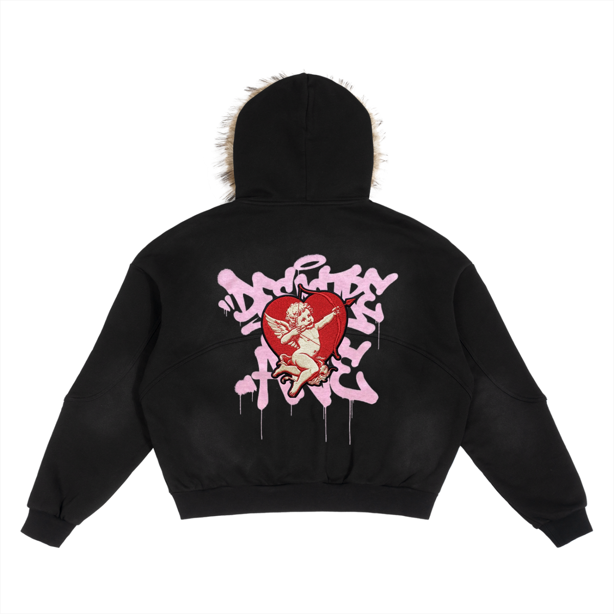 Sun Fade Boxy Detachable Fur Hoodie - LOVER