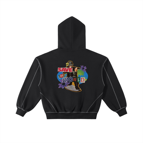 Contrast-Stitched Boxy Fleece Zip Hoodie