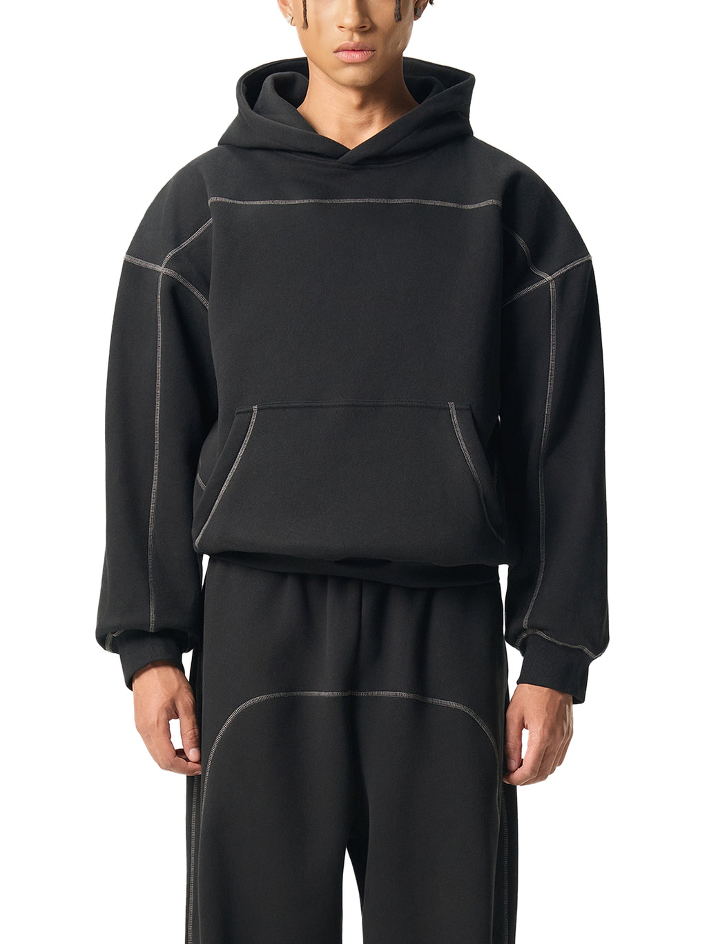 Contrast-Stitched Boxy Fleece Hoodie  - Angel