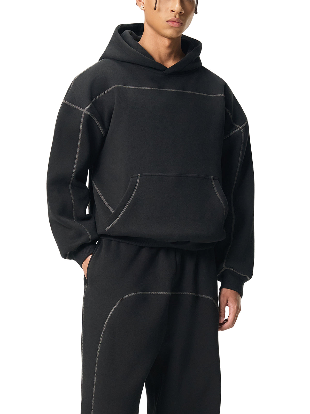Contrast-Stitched Boxy Fleece Hoodie  - Angel